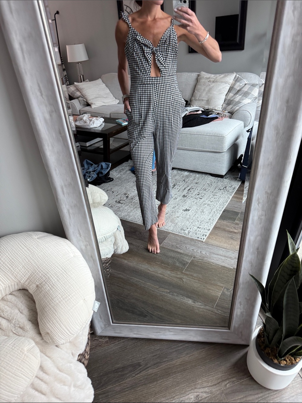 Tie-Front Gingham Jumpsuit in Black & White